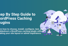WordPress caching plugins guide with people optimizing website data, files, and settings around a cloud icon for better performance.