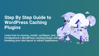 WordPress caching plugins guide with people optimizing website data, files, and settings around a cloud icon for better performance.