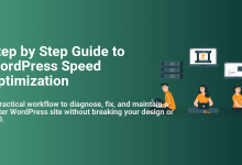 WordPress Speed Optimization guide illustration with servers, laptops, and a team working to diagnose and fix website performance.