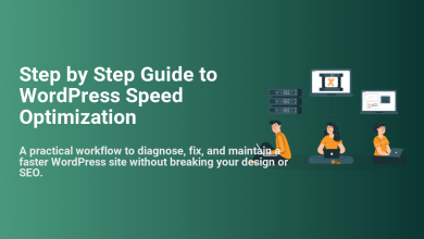 WordPress Speed Optimization guide illustration with servers, laptops, and a team working to diagnose and fix website performance.