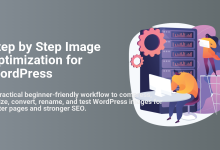 Step-by-step WordPress image optimization process illustrated, showing people working on computers and server racks for site speed and SEO.