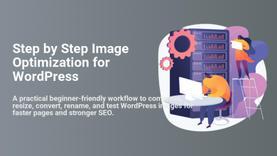 Step-by-step WordPress image optimization process illustrated, showing people working on computers and server racks for site speed and SEO.