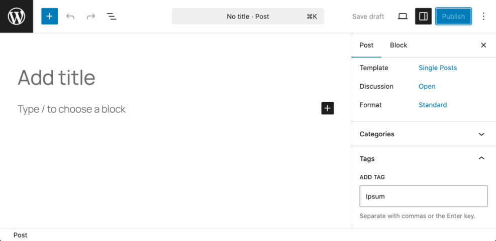 WordPress Gutenberg editor's 'Tags' section showing an input field to add multiple tags to a post, with 'Ipsum' entered as an example.