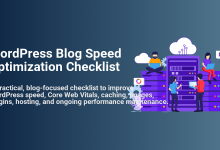 WordPress blog speed optimization checklist illustration showing people managing servers, cloud, and improving Core Web Vitals for faster performance.