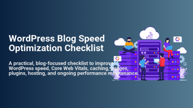 WordPress blog speed optimization checklist illustration showing people managing servers, cloud, and improving Core Web Vitals for faster performance.