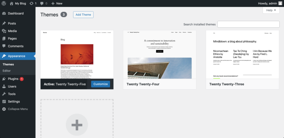 WordPress dashboard displaying the Themes section under Appearance, showing active Twenty Twenty-Five and options for managing WordPress themes.