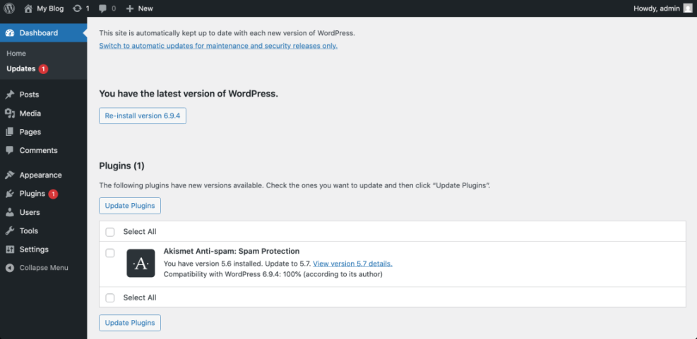 WordPress dashboard updates page, showing current core version 6.9.4 and an Akismet plugin update. Essential for managing an open source WordPress site.