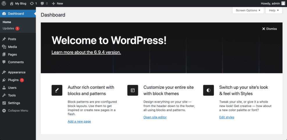 WordPress dashboard welcome screen with core navigation and prompts, illustrating how easy WordPress is for new users to get started.