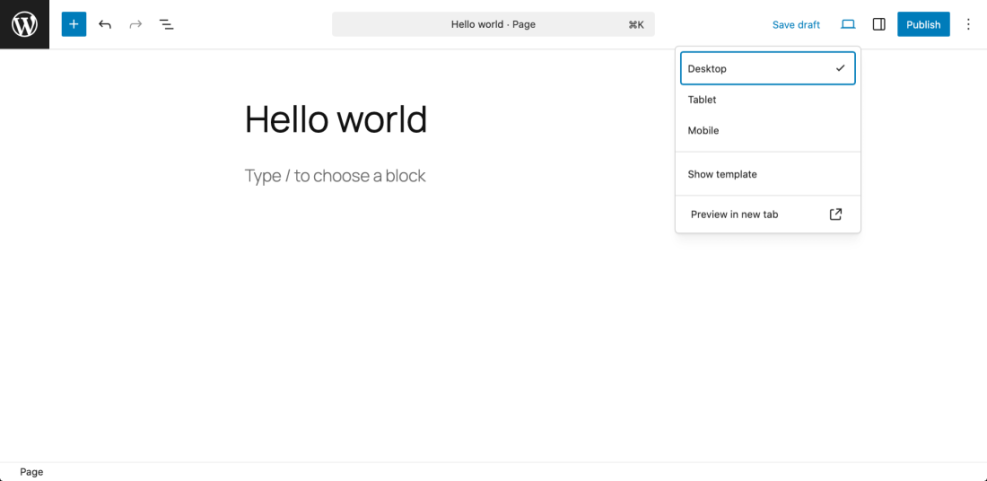 WordPress block editor showing a 'Hello world' page and responsive preview options for Desktop, Tablet, and Mobile devices.