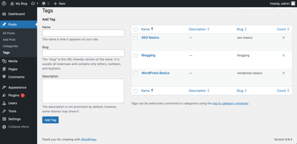 WordPress Tags management screen showing how to add new tags and view existing ones like 'SEO Basics', 'Blogging', and 'WordPress Basics' for multiple posts.