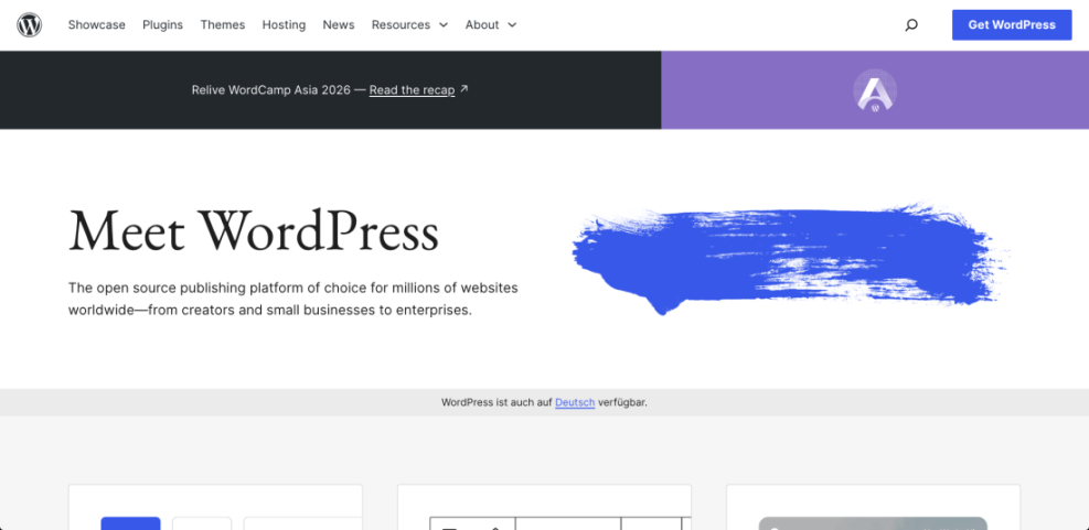 Official WordPress.org homepage screenshot, featuring its 'Meet WordPress' slogan and navigation, clarifying WordPress hosting site setup.