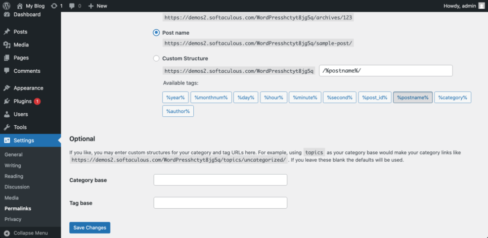WordPress Permalinks settings for SEO-friendly URLs, showing 'Post name' selected and custom structure /%postname%/.