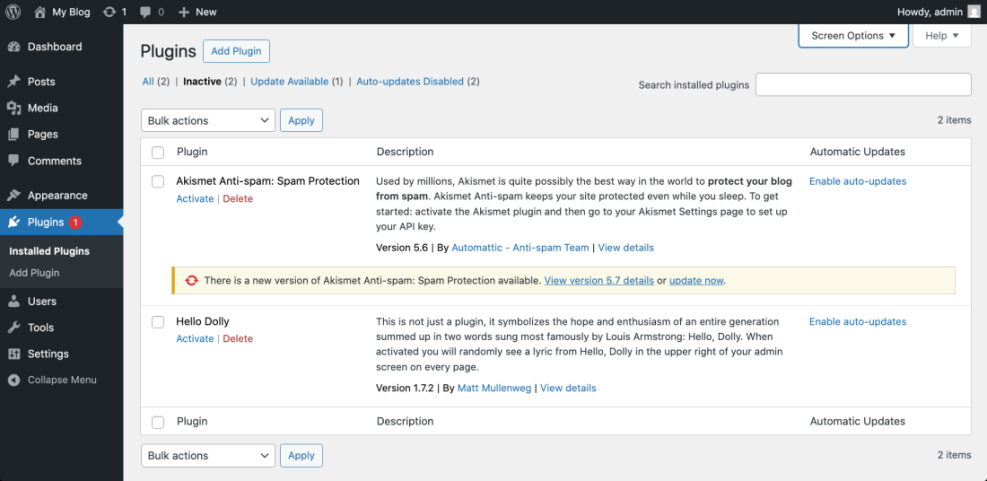 WordPress admin dashboard displaying the 'Plugins' page with an Akismet update notification and inactive plugins listed.