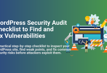 WordPress Security Audit Checklist: An illustration showing people inspecting a website to find and fix vulnerabilities and security risks.
