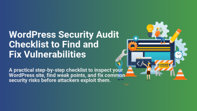 WordPress Security Audit Checklist: An illustration showing people inspecting a website to find and fix vulnerabilities and security risks.