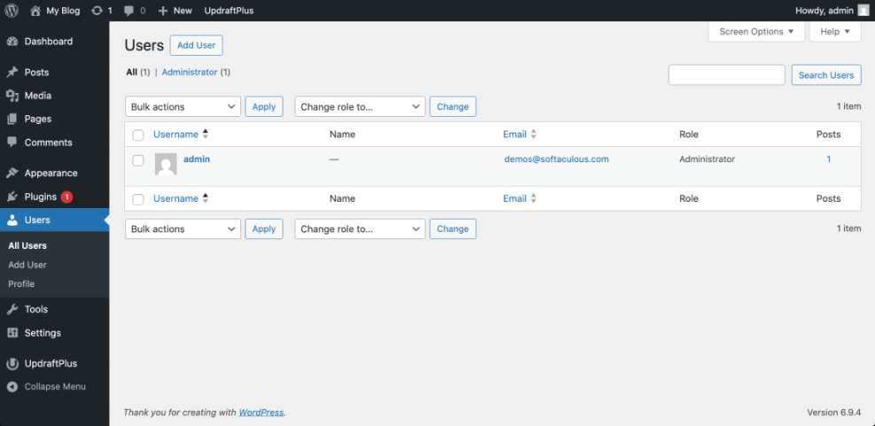 WordPress admin dashboard Users screen displaying the default admin account, a critical element to check during a WordPress security audit.