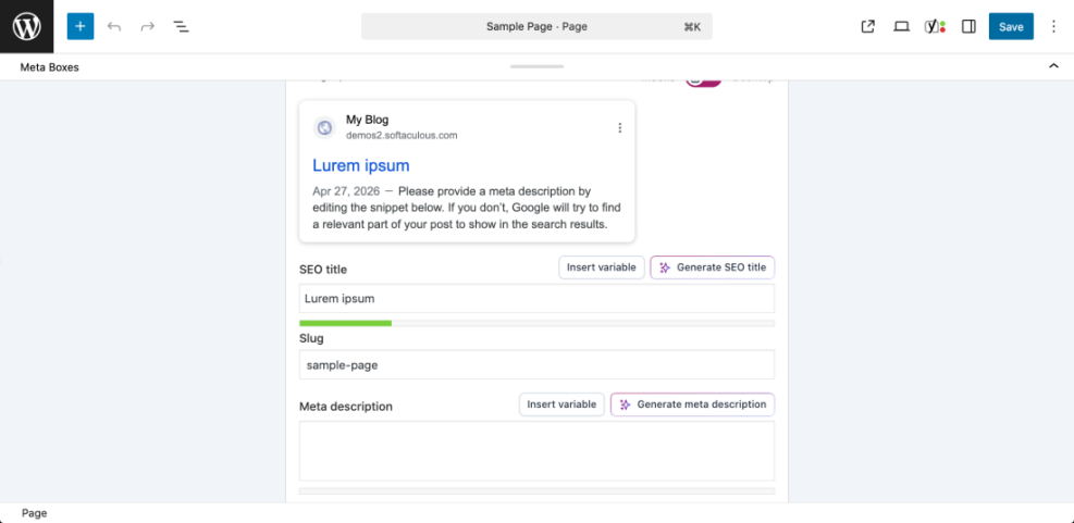 WordPress editor screenshot displaying SEO meta boxes, including search result preview, SEO title, slug, and meta description fields for optimization.
