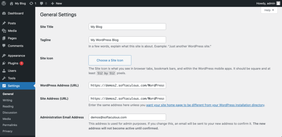 WordPress General Settings page showing the 'Site Title' field set to 'My Blog', 'Tagline', 'Site Address (URL)', and 'Administration Email Address'.