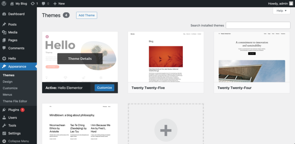 WordPress dashboard 'Themes' screen under 'Appearance,' displaying installed themes like Hello Elementor, Twenty Twenty-Five, and Twenty Twenty-Four.