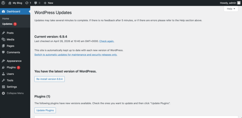 WordPress Updates dashboard for version 6.9.4 with a plugin update pending, illustrating routine maintenance aspect of WordPress cost.