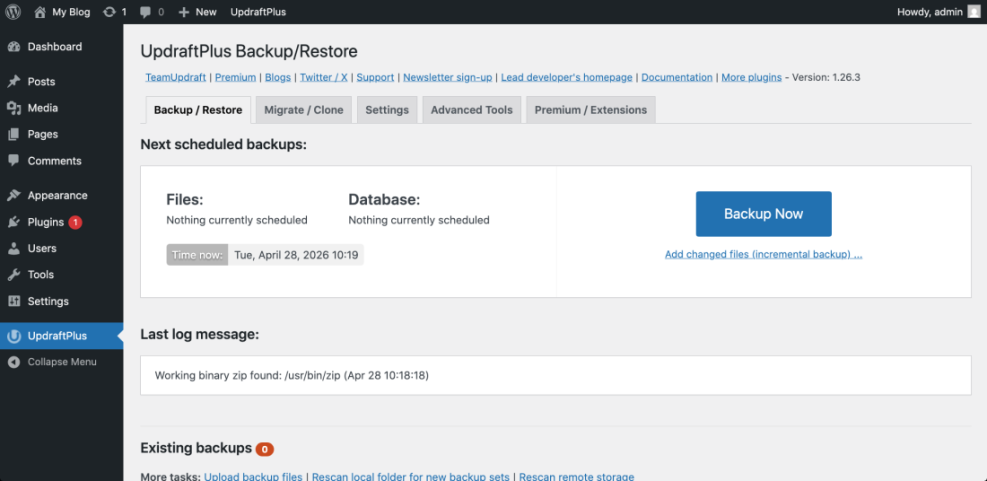 WordPress UpdraftPlus plugin dashboard showing no scheduled or existing backups, highlighting a backup gap for security audit.