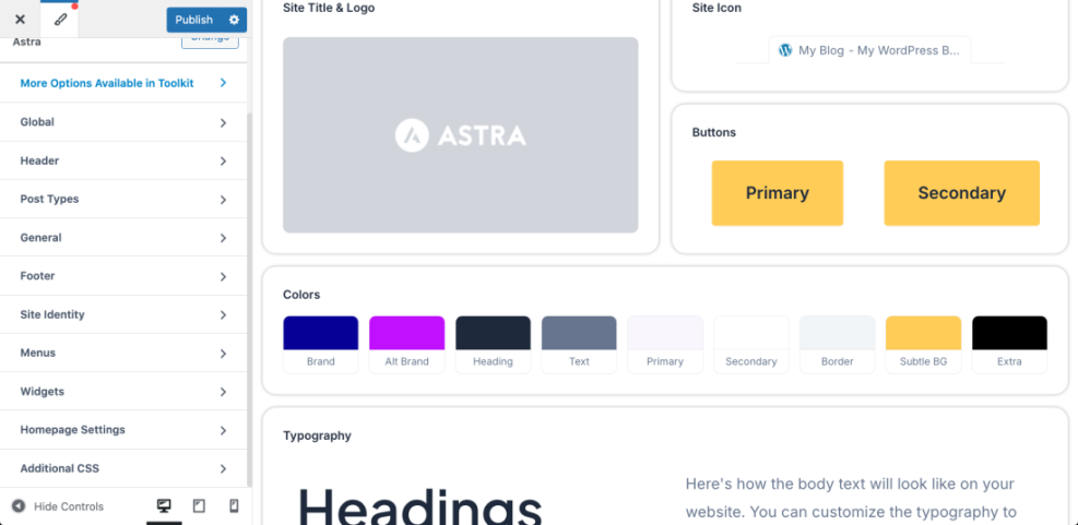 Astra WordPress theme settings interface displaying customization options for global styles, header, colors, buttons, and typography.