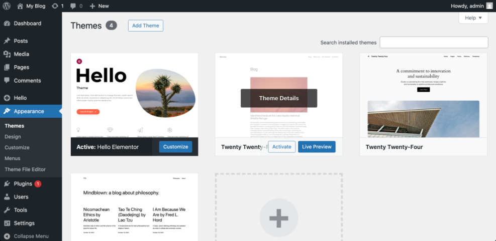 WordPress themes admin screen showing 'Hello Elementor' active, with 'Twenty Twenty-Three' and 'Twenty Twenty-Four' available for selection.
