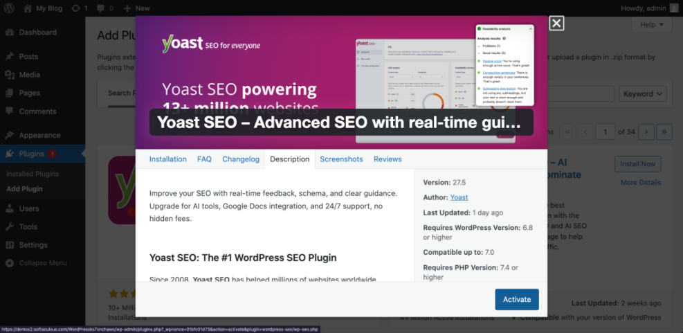 Yoast SEO plugin description page in WordPress, detailing features, compatibility, and showing the 'Activate' button for installation.